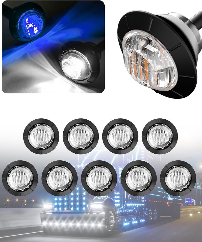 BJZ 3/4" Round Trailer Marker LED Lights Blue to White Dual Color Side Clearance Tail Bullet Light 12V 4LED Indicator Light w/Clear Lens for Trailer Truck Van RV ATV Bus, 10Pcs - Image 1